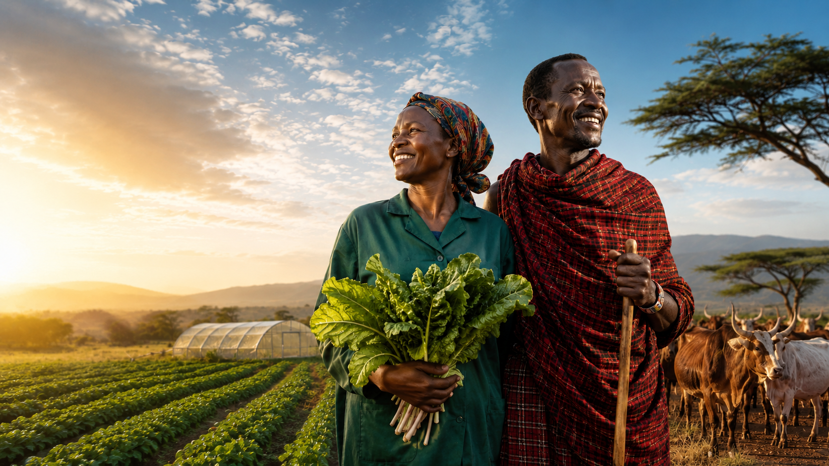 Kenyan farmer with livestock at sunrise