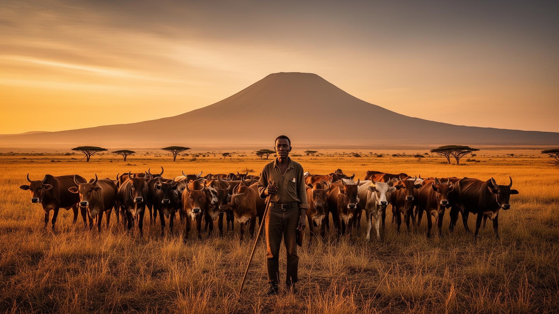 Kenyan farmer with livestock at sunrise